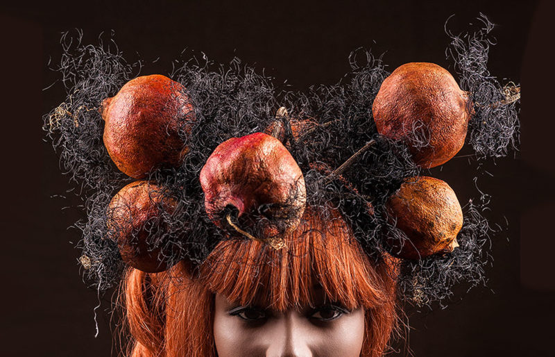 Pomegranate headpiece, Agnes van Dijk fasionart, modekunst, modecapriole, fashion, mode, Eindhoven, the netherlands, nederland